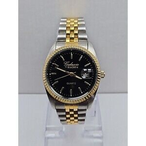 Galaxie By Elgin Two Tone Fluted Bezel Quartz Date Watch New Battery 37mm Mens